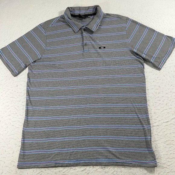 Oakley Sunglasses Men's Large Black White Blue Red Striped Short Sleeve Polo - Picture 1 of 12
